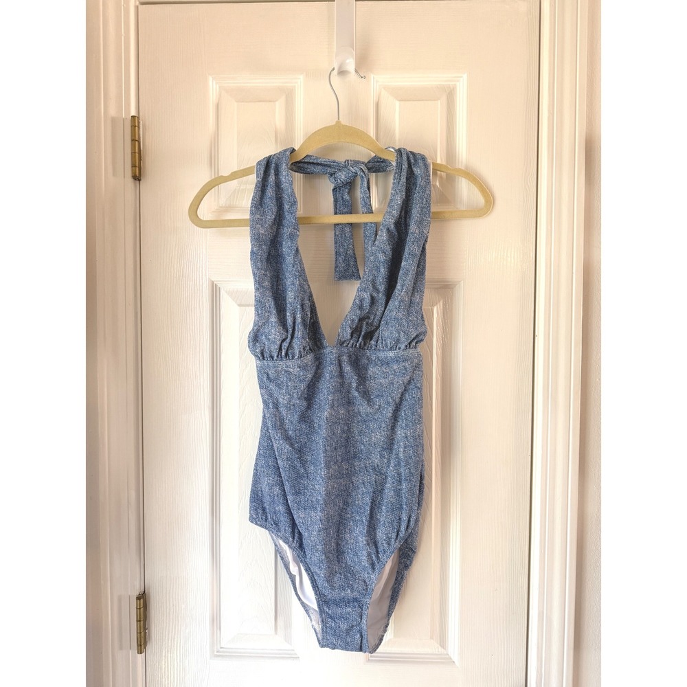 Shoshanna Swimwear Blue Textured Plunge Halter One Piece Swimsuit‎ 10